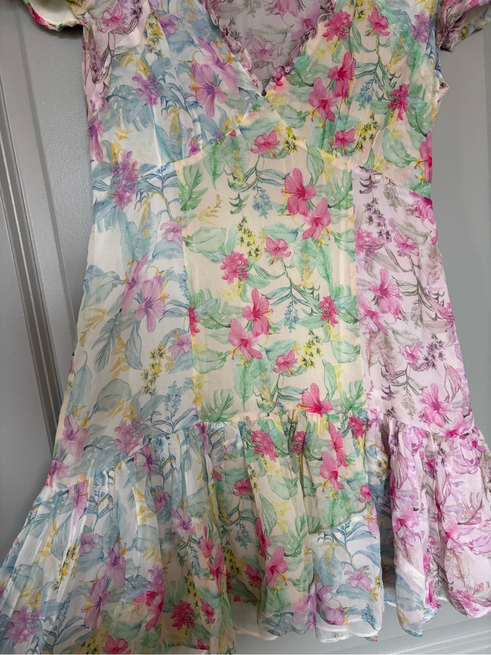 LOVESHACKFANCY Russ Silk Floral Print Mini Dress. Pink, Blue and Yellow print. - Picture 12 of 16